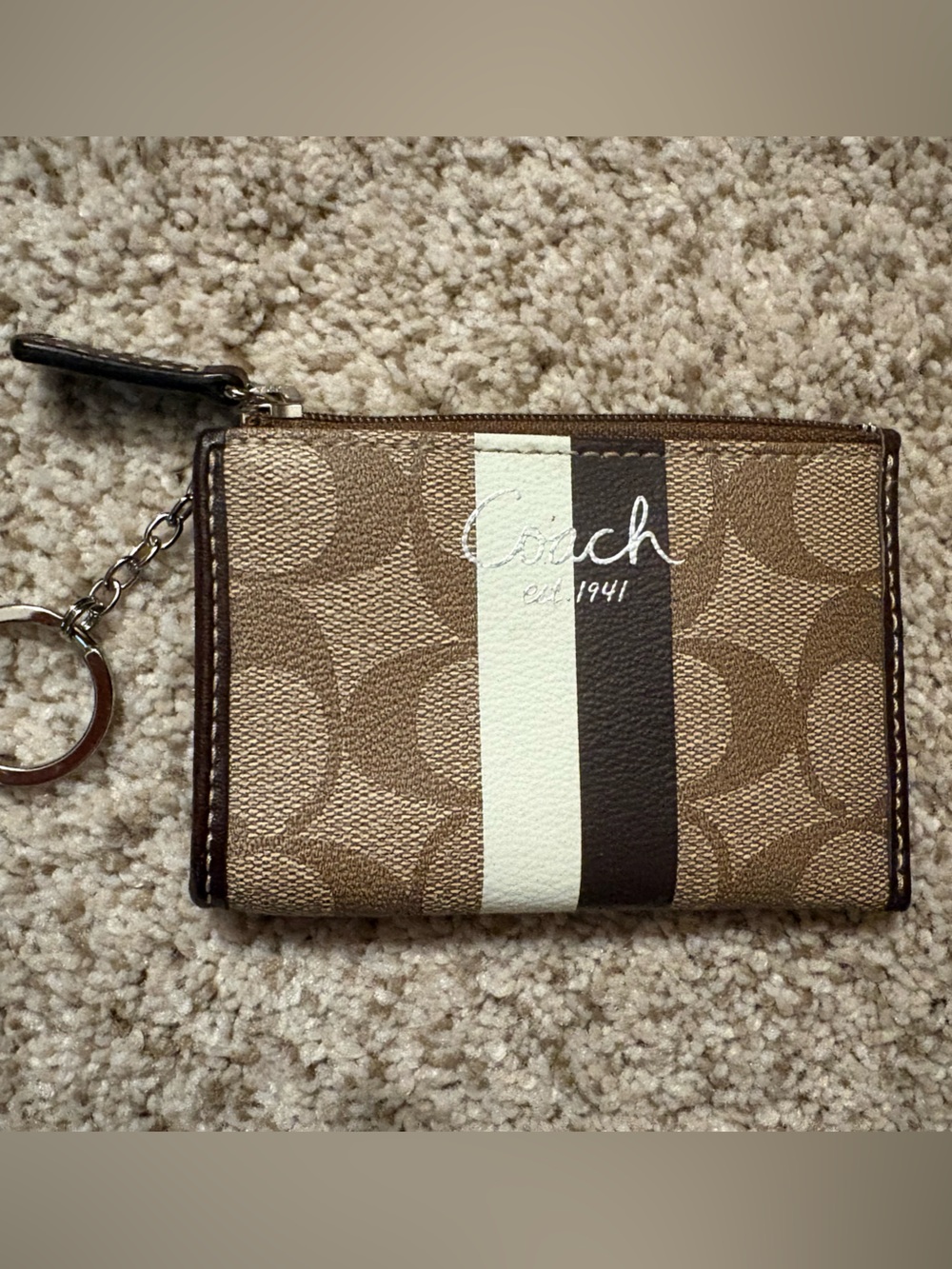 Coach Monogram Card Holder with Silver Cursive Logo and Double Center Stripe